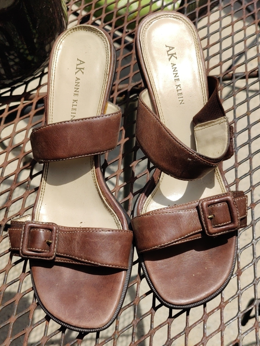 Anne Klein Brown Leather Slide Sandals with Buckle